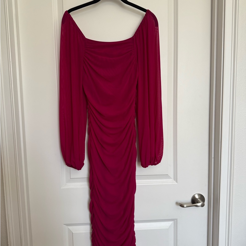 Ruched Mesh Long Sleeve Midi Dress